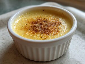 Close-up of a creamy yellow egg custard dessert topped with caramelized sugar and spices in a white ramekin.