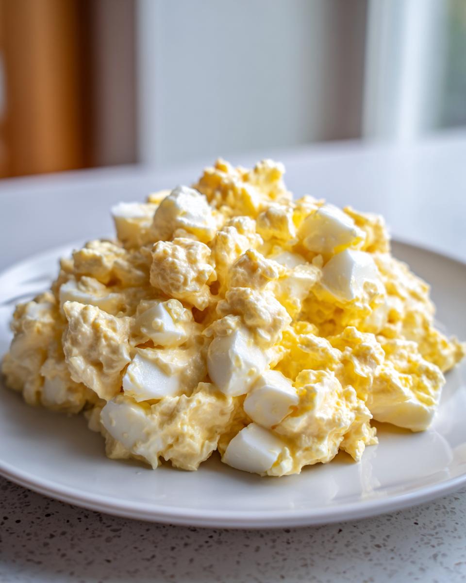 A close-up of creamy, chunky egg salad piled high on a simple white plate.