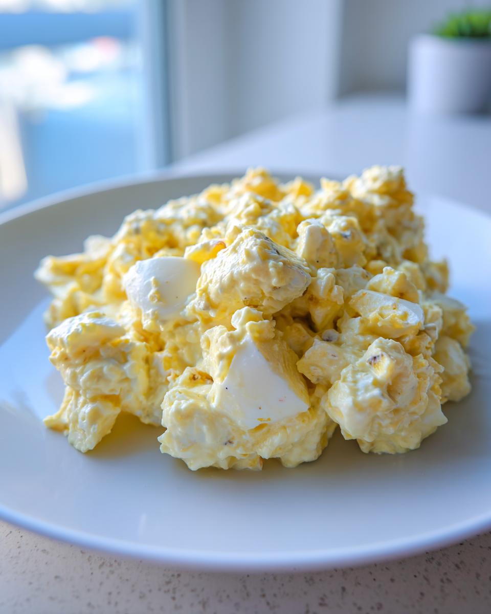 A close-up of creamy, chunky egg salad piled high on a white plate, ready to eat.