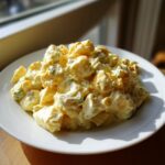 A generous serving of creamy, yellow egg salad with visible chunks of egg and green herbs on a white plate.