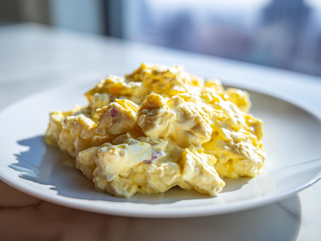 A generous serving of creamy, yellow egg salad with visible chunks of egg and red onion on a white plate.