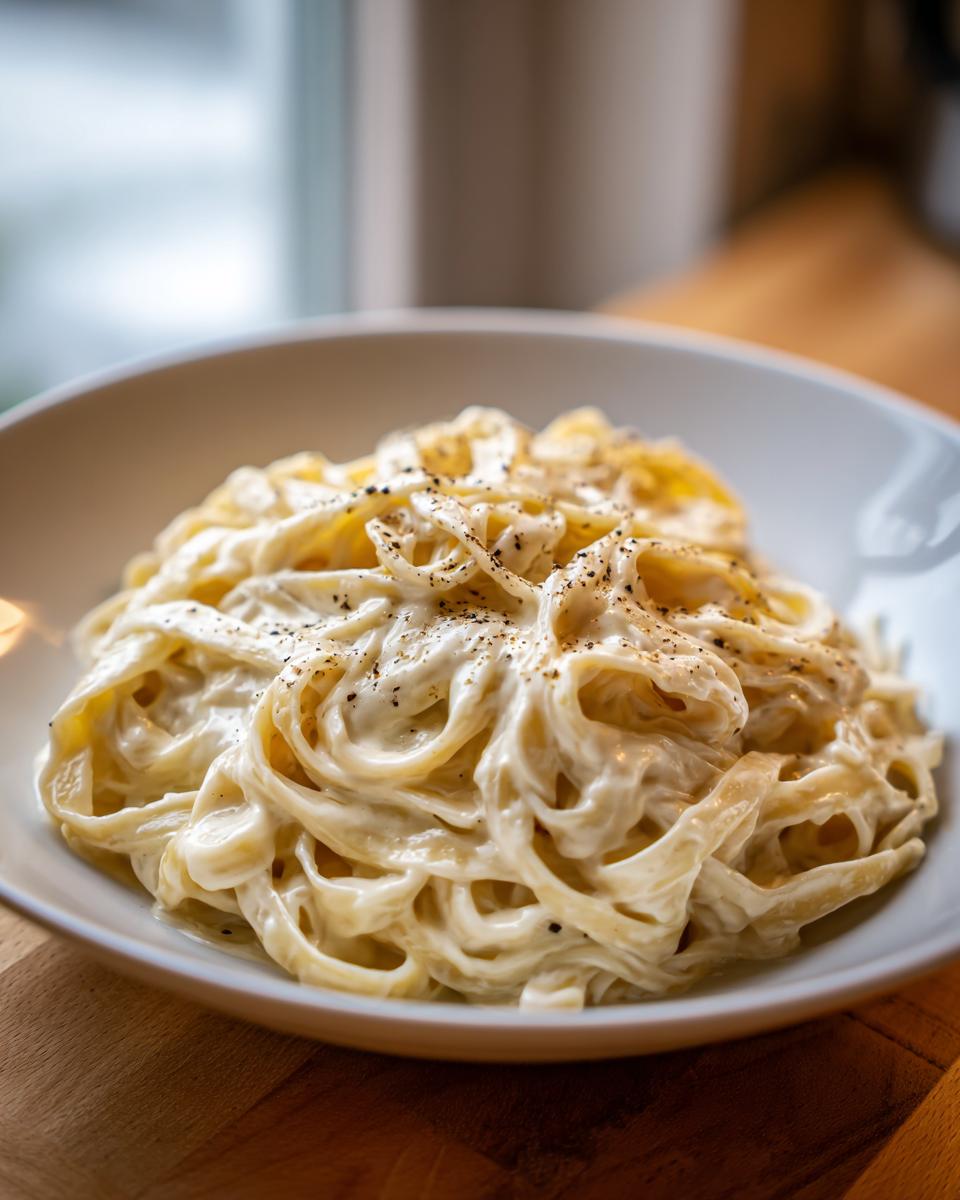 A close-up of fettuccine pasta coated in rich homemade alfredo sauce and topped with cracked black pepper.