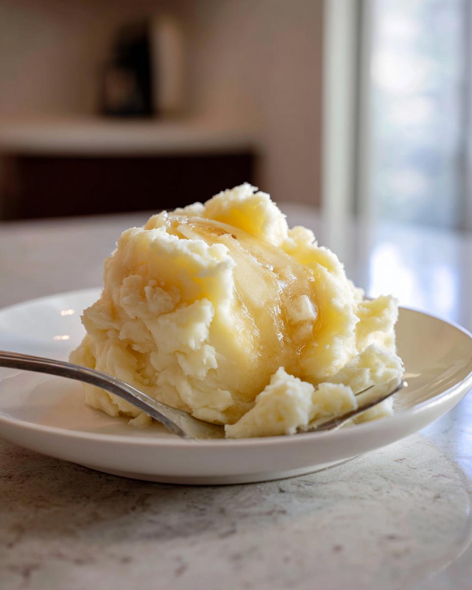 A scoop of creamy garlic mashed potatoes topped with melted butter, served on a white plate with a fork.