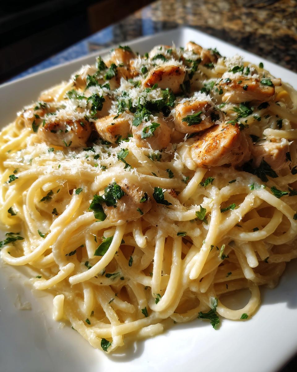 A plate of creamy pasta tossed in garlic parmesan sauce, topped with grilled chicken pieces and fresh parsley.