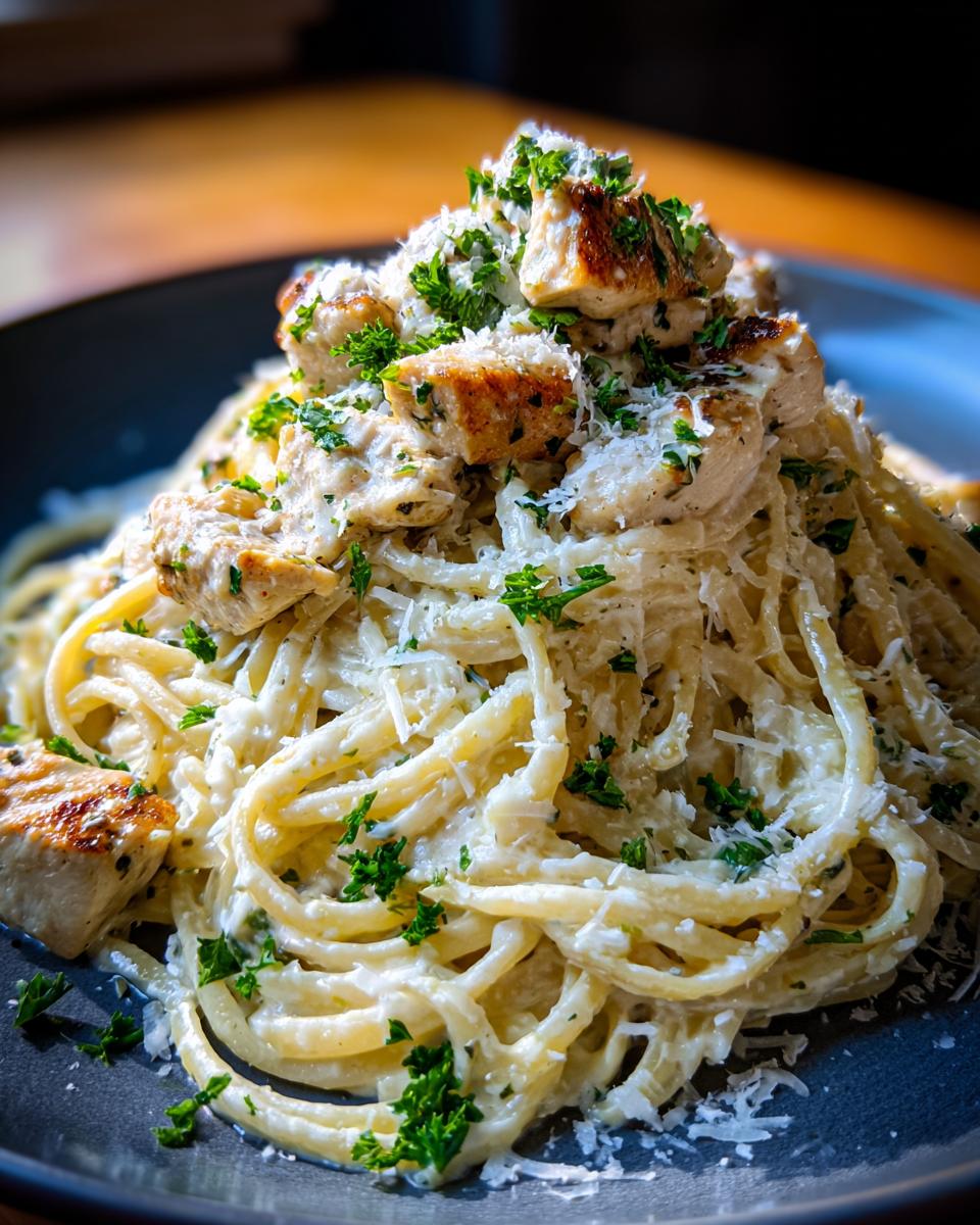Close-up of creamy pasta tossed in garlic parmesan sauce, topped with grilled chicken pieces and fresh parsley.