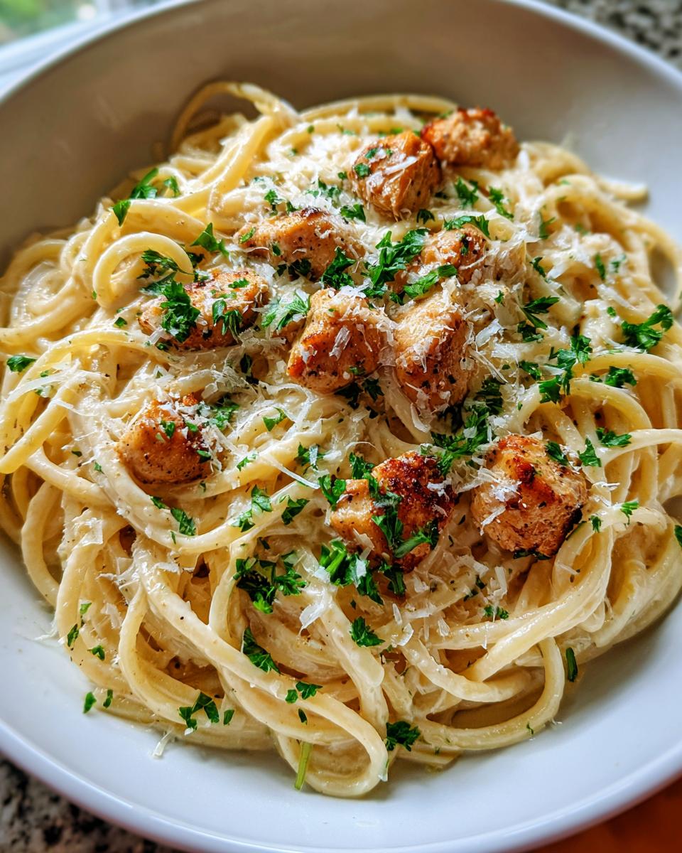 Close-up of creamy pasta coated in garlic parmesan sauce, topped with seasoned chicken pieces and fresh parsley.