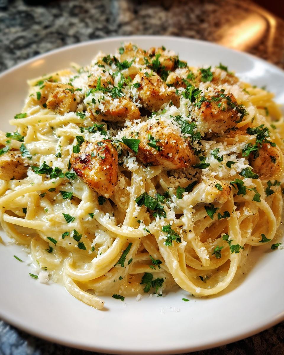 Close-up of creamy pasta tossed in sauce, topped with seared chicken, grated parmesan, and fresh parsley for a garlic parmesan dish.