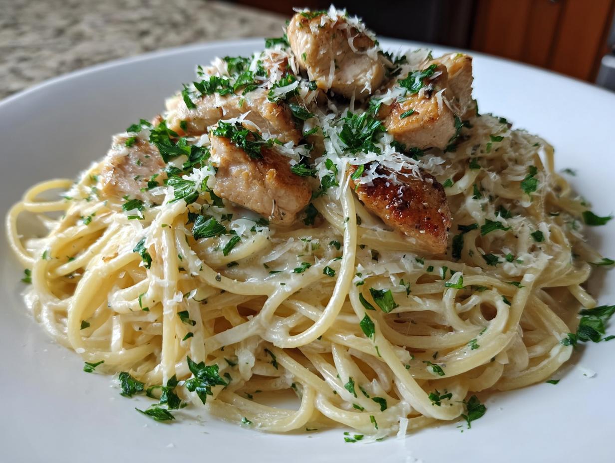 Close-up of creamy pasta coated in sauce, topped with seared chicken pieces, grated parmesan, and fresh parsley for a garlic parmesan dish.