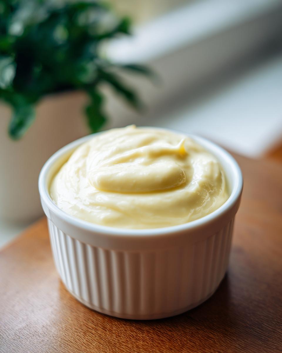 A close-up of thick, creamy, pale yellow garlic sauce swirled beautifully in a white ceramic ramekin.