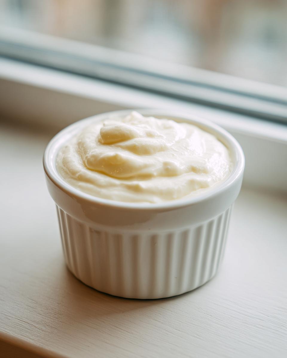 A small white ramekin filled with thick, creamy homemade garlic sauce, set near a window.