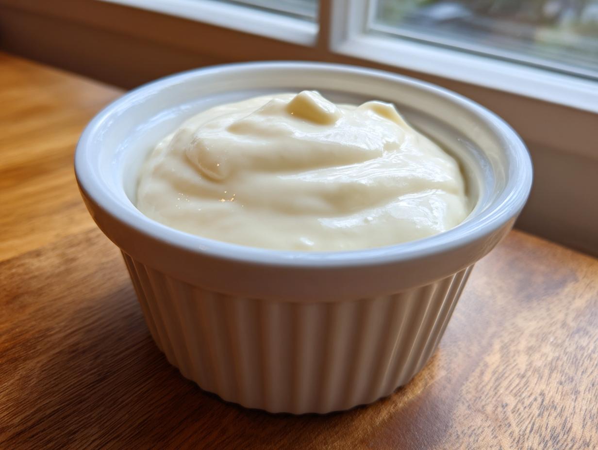 A close-up of thick, creamy homemade garlic sauce served in a small, white, fluted ramekin.
