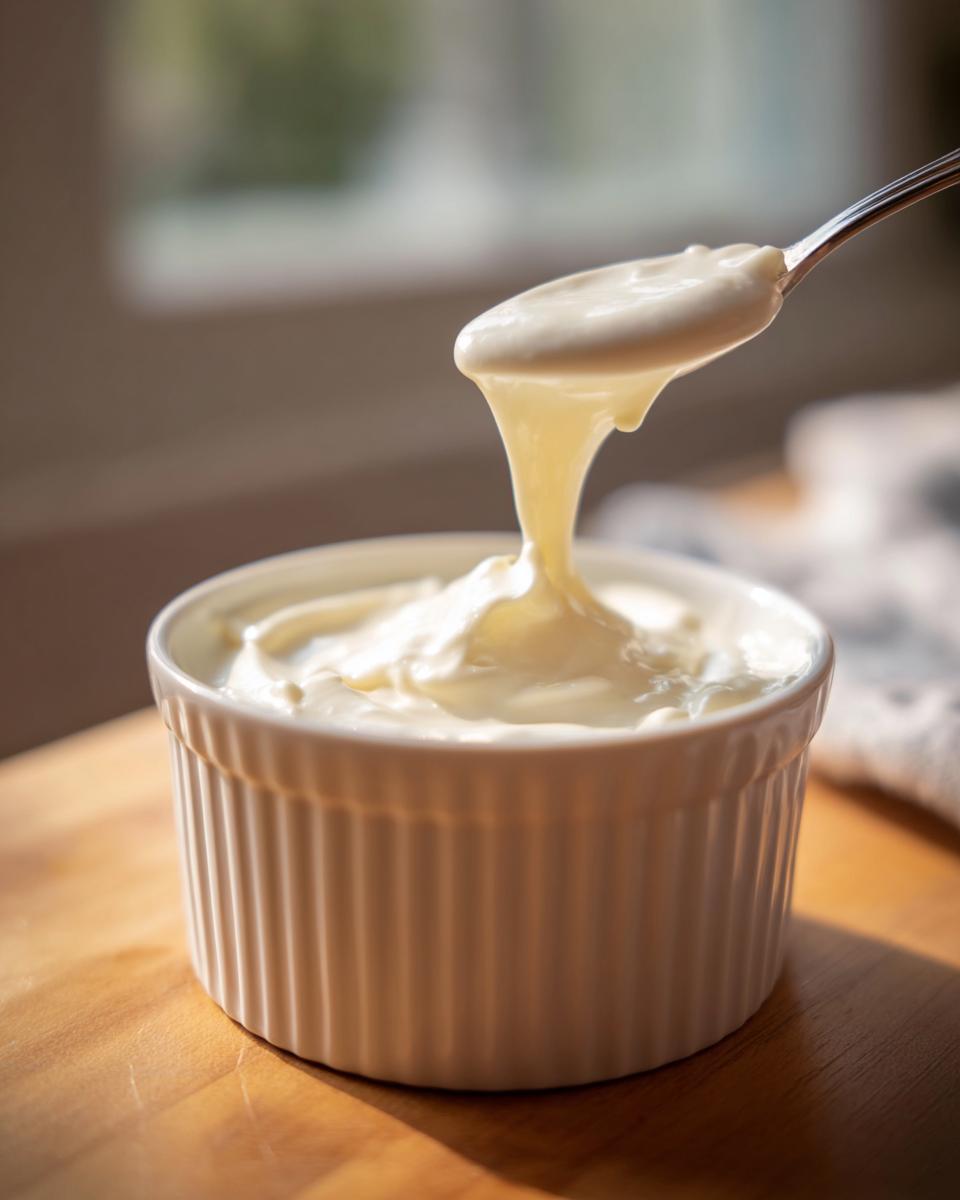 A spoonful of thick, creamy homemade garlic sauce dripping back into a white ramekin.