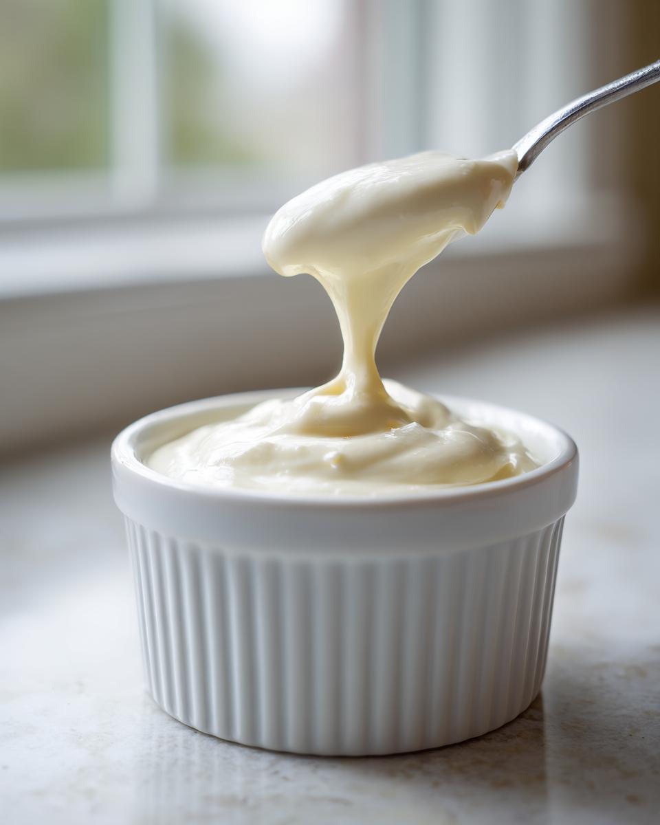 A spoonful of thick, creamy garlic sauce being lifted from a white ramekin.