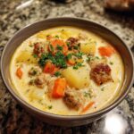 A close-up of a hearty bowl of creamy Italian sausage soup, featuring chunks of sausage, potatoes, carrots, and parsley garnish.