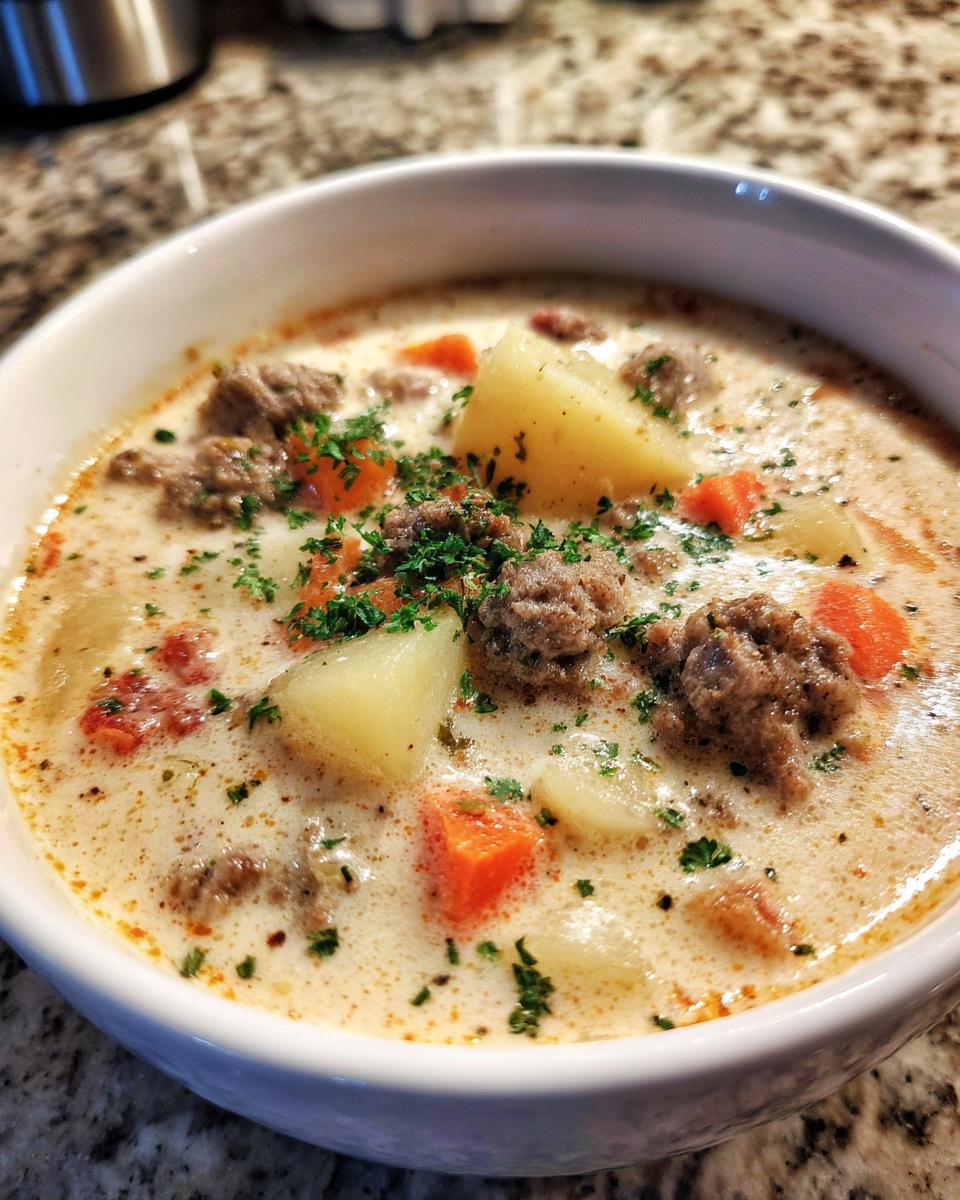 Close-up of a hearty bowl of creamy Italian sausage soup featuring chunks of potato, carrots, and sausage, topped with parsley.