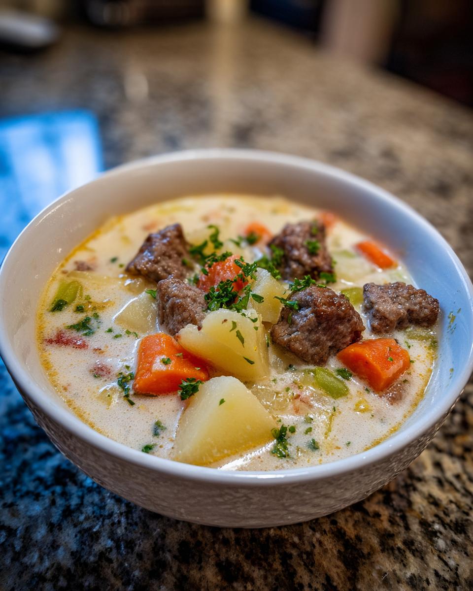 A close-up of a bowl of creamy Italian sausage soup featuring chunks of sausage, potatoes, and carrots, garnished with parsley.