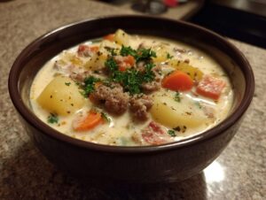 A close-up of a hearty bowl of creamy Italian sausage soup, featuring chunks of sausage, potatoes, and carrots, garnished with parsley.