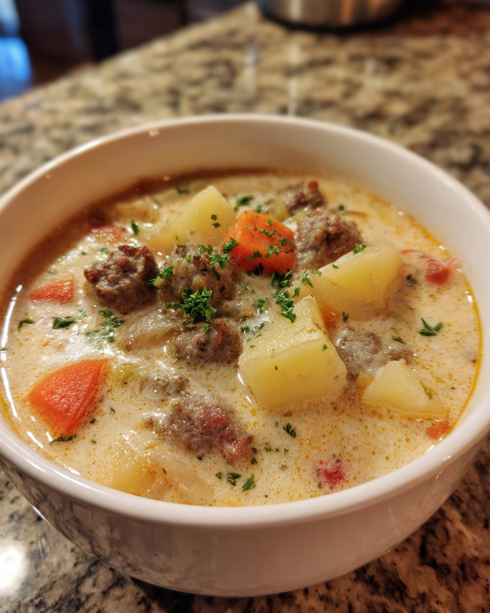 Close-up of a bowl of creamy Italian sausage soup featuring chunks of sausage, potatoes, and carrots, garnished with parsley.