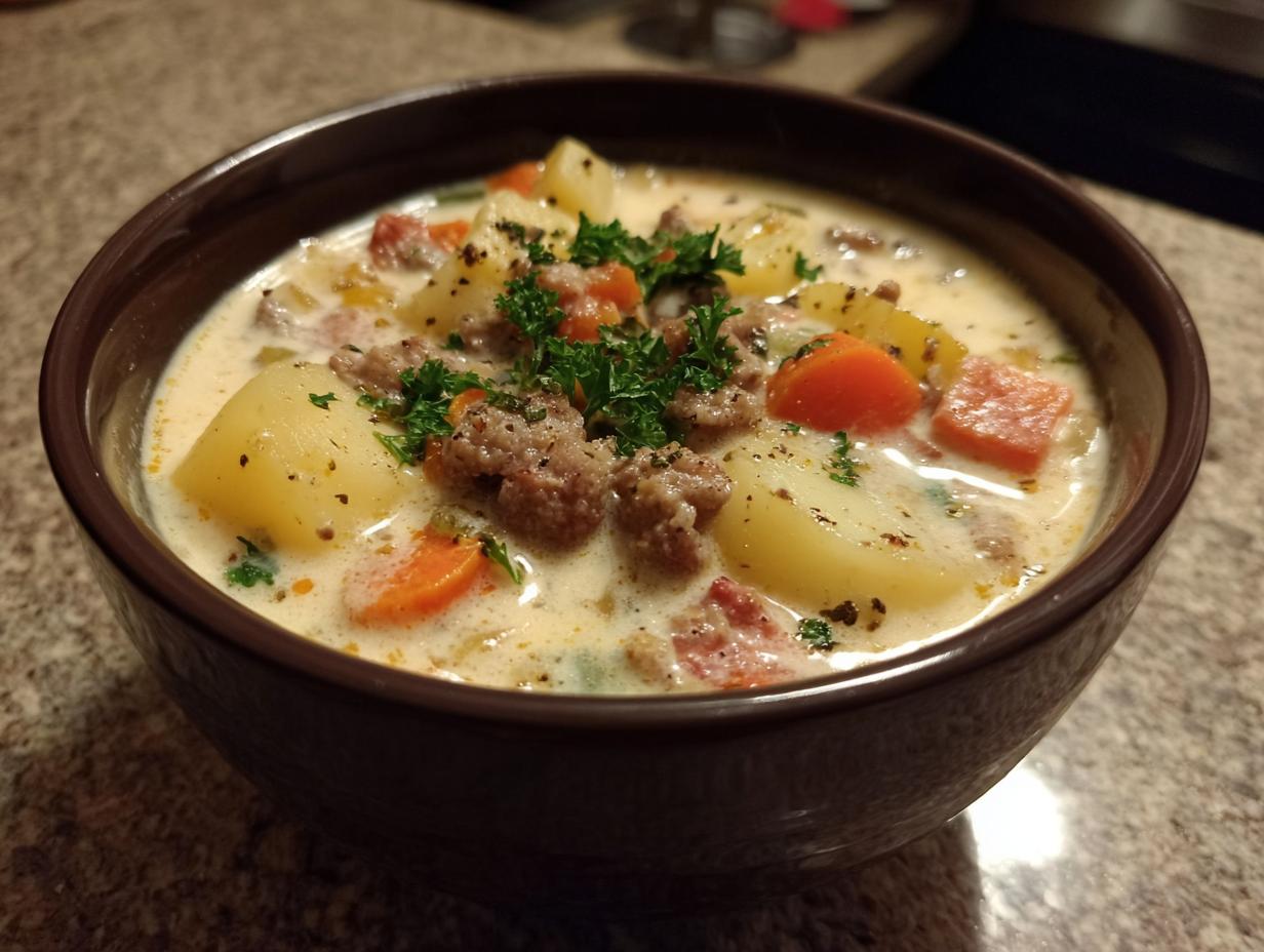 A close-up of a hearty bowl of creamy Italian sausage soup, featuring chunks of sausage, potatoes, and carrots, garnished with parsley.