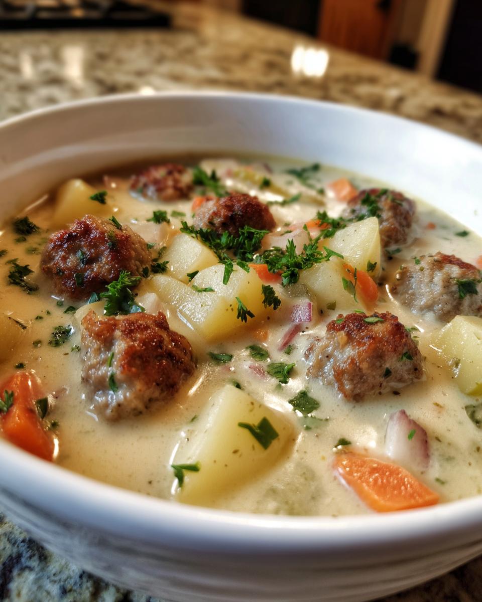 Close-up of a hearty bowl of creamy Italian sausage soup featuring browned meatballs, chunks of potato, carrots, and parsley garnish.