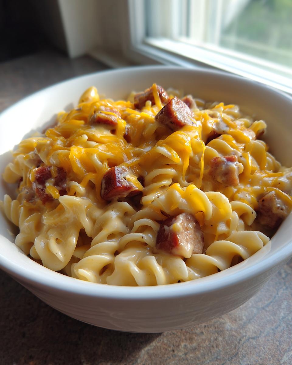 Close-up of creamy kielbasa pasta featuring rotini noodles, chunks of sausage, and melted cheddar cheese in a white bowl.