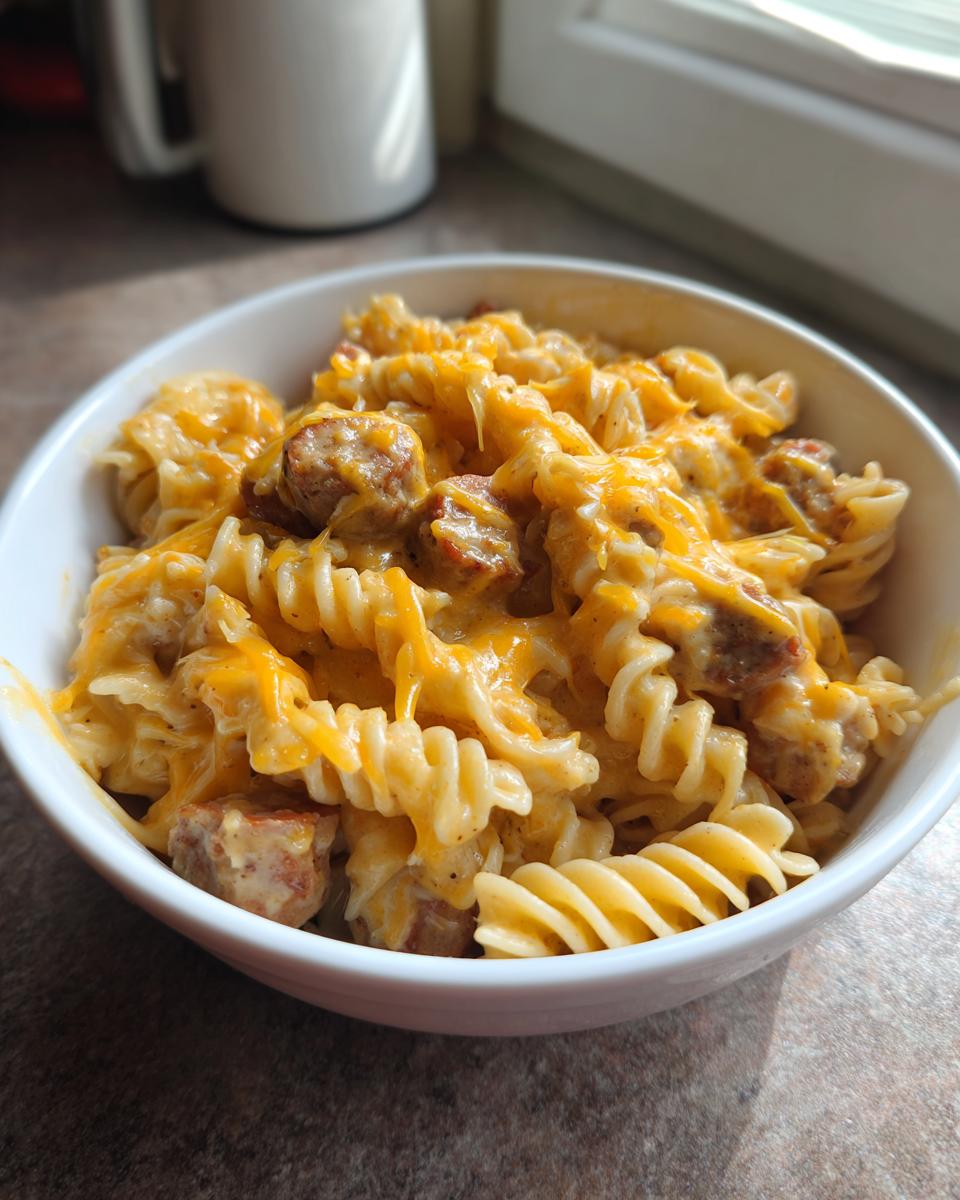 A close-up of creamy kielbasa pasta made with rotini noodles and topped with melted cheddar cheese in a white bowl.