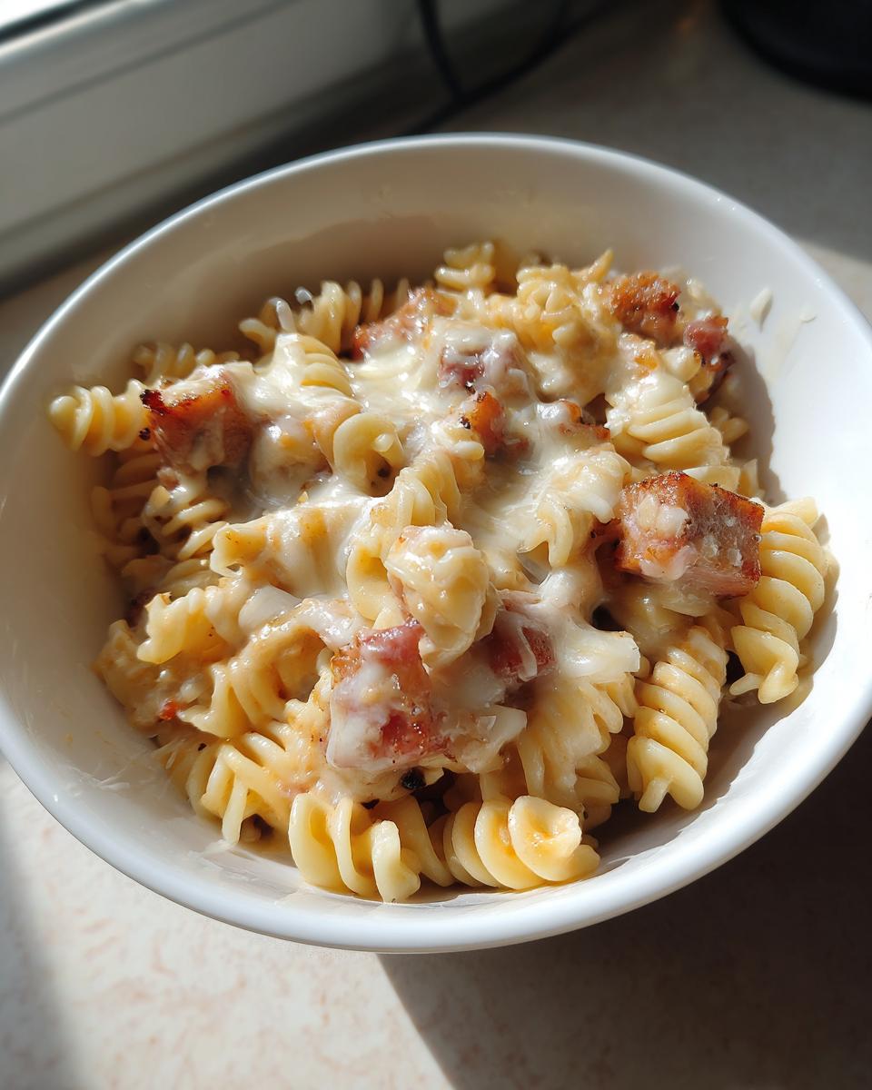 Close-up of creamy kielbasa pasta made with rotini noodles and melted cheese in a white bowl.
