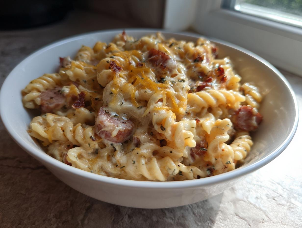 A close-up of a white bowl filled with creamy kielbasa pasta, featuring rotini noodles, sliced sausage, and melted cheese.