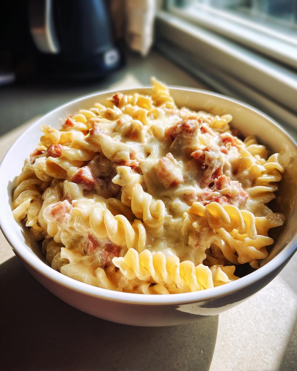 Close-up of creamy kielbasa pasta made with rotini noodles and chunks of sausage in a white bowl.