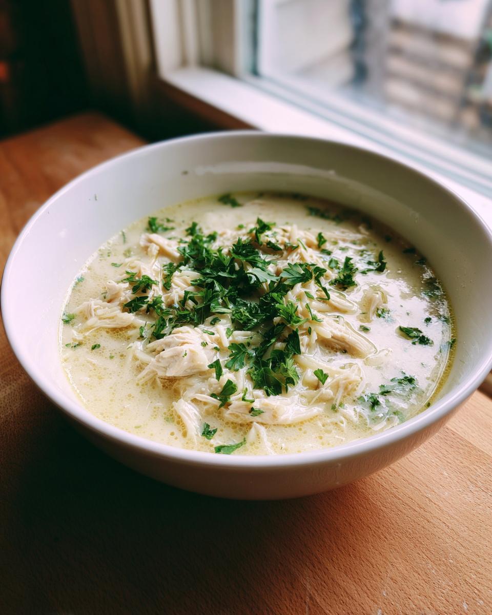 A white bowl filled with creamy lemon chicken soup, featuring shredded chicken and topped with fresh parsley.