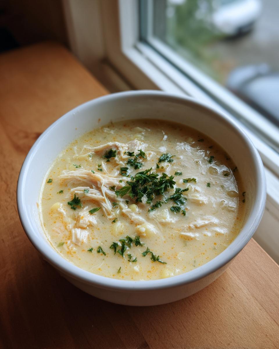A close-up of a creamy bowl of lemon chicken soup, topped with shredded chicken and fresh parsley.