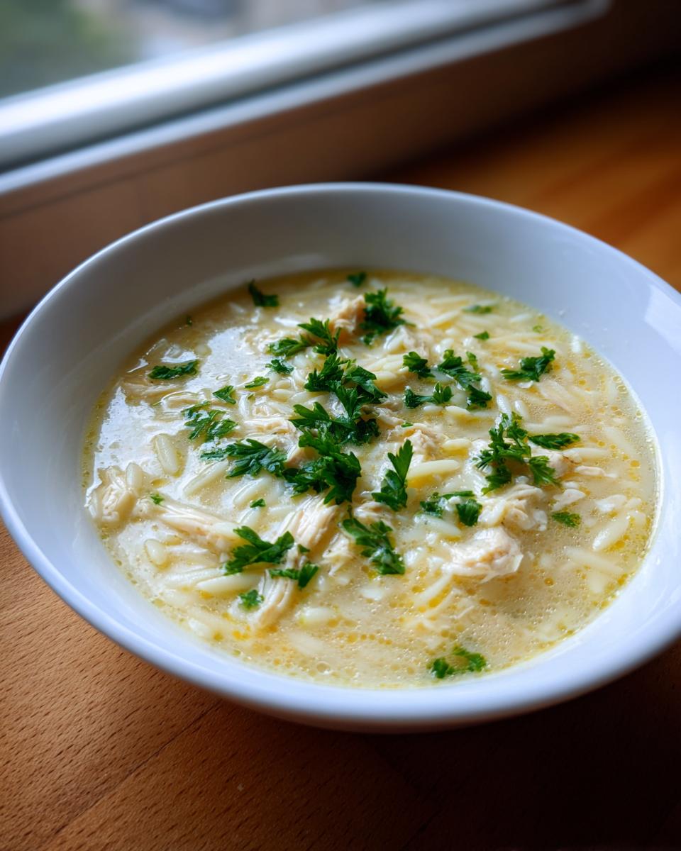 A close-up of a white bowl filled with creamy lemon chicken soup, featuring shredded chicken, orzo pasta, and fresh parsley garnish.