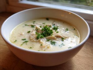 A close-up of a white bowl filled with creamy lemon chicken soup, topped with shredded chicken and fresh parsley.