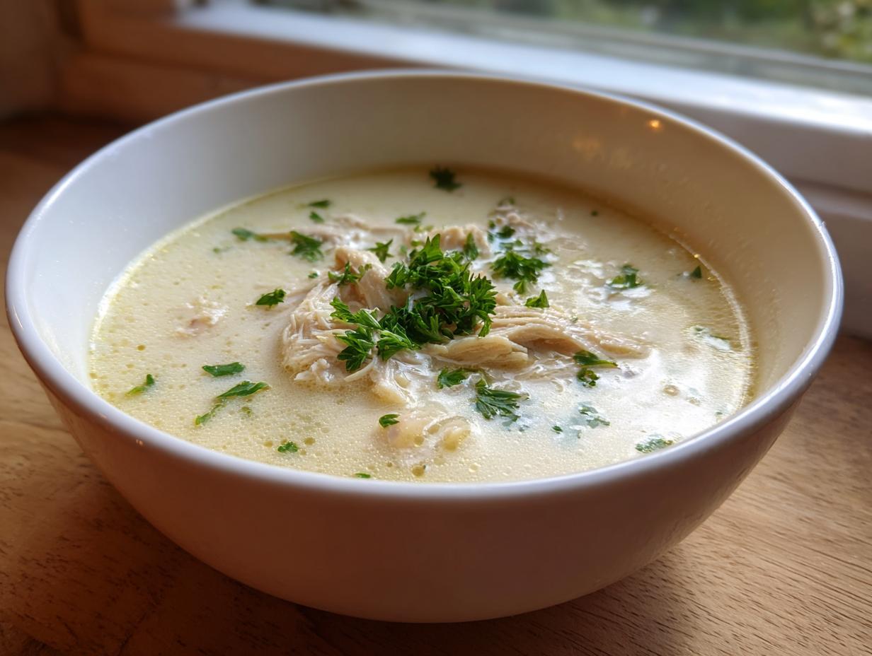 A close-up of a white bowl filled with creamy lemon chicken soup, topped with shredded chicken and fresh parsley.