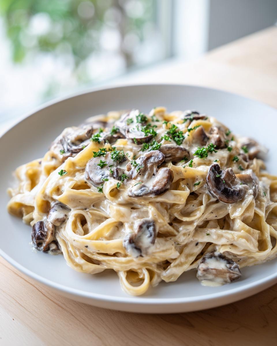 A close-up of creamy mushroom pasta, featuring fettuccine noodles coated in a rich sauce and topped with sliced mushrooms and parsley.