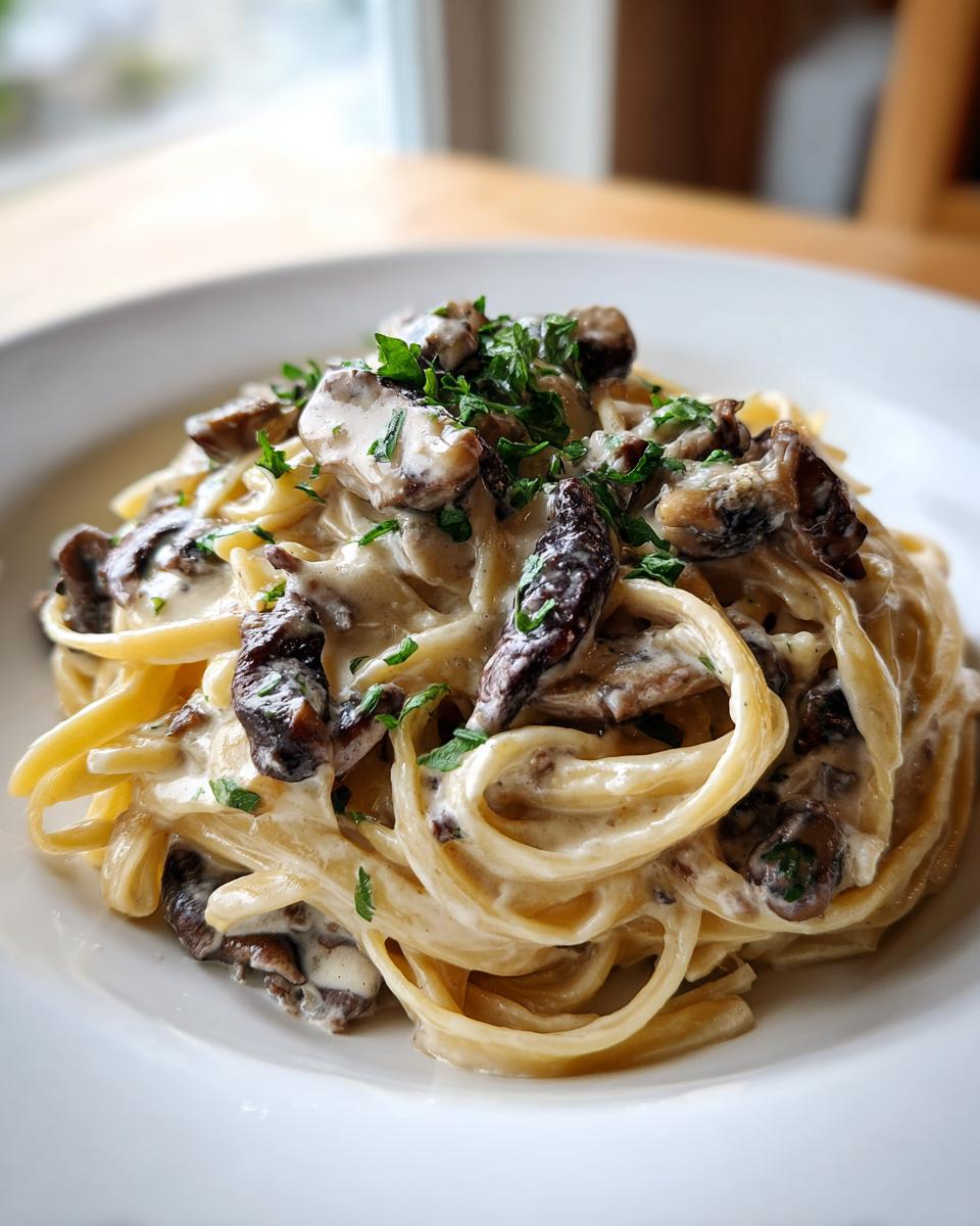 Close-up of creamy fettuccine mushroom pasta topped with sautéed mushrooms and fresh parsley.