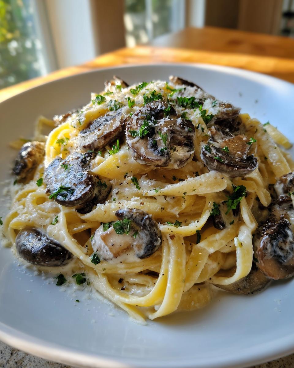 Close-up of creamy fettuccine mushroom pasta topped with sautéed mushrooms, Parmesan, and parsley.