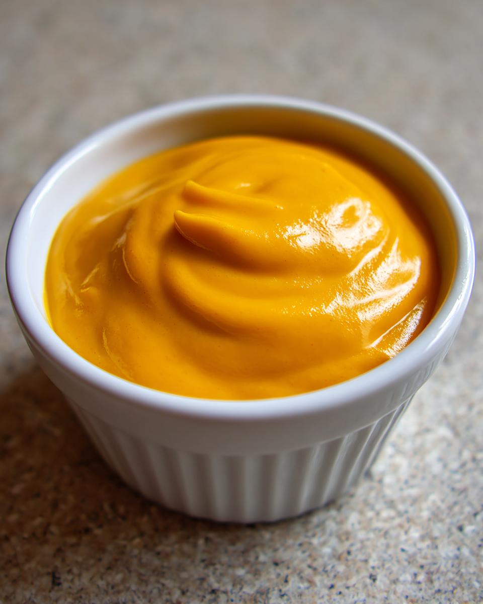Close-up of vibrant, smooth nacho cheese sauce swirled in a small white ceramic ramekin.