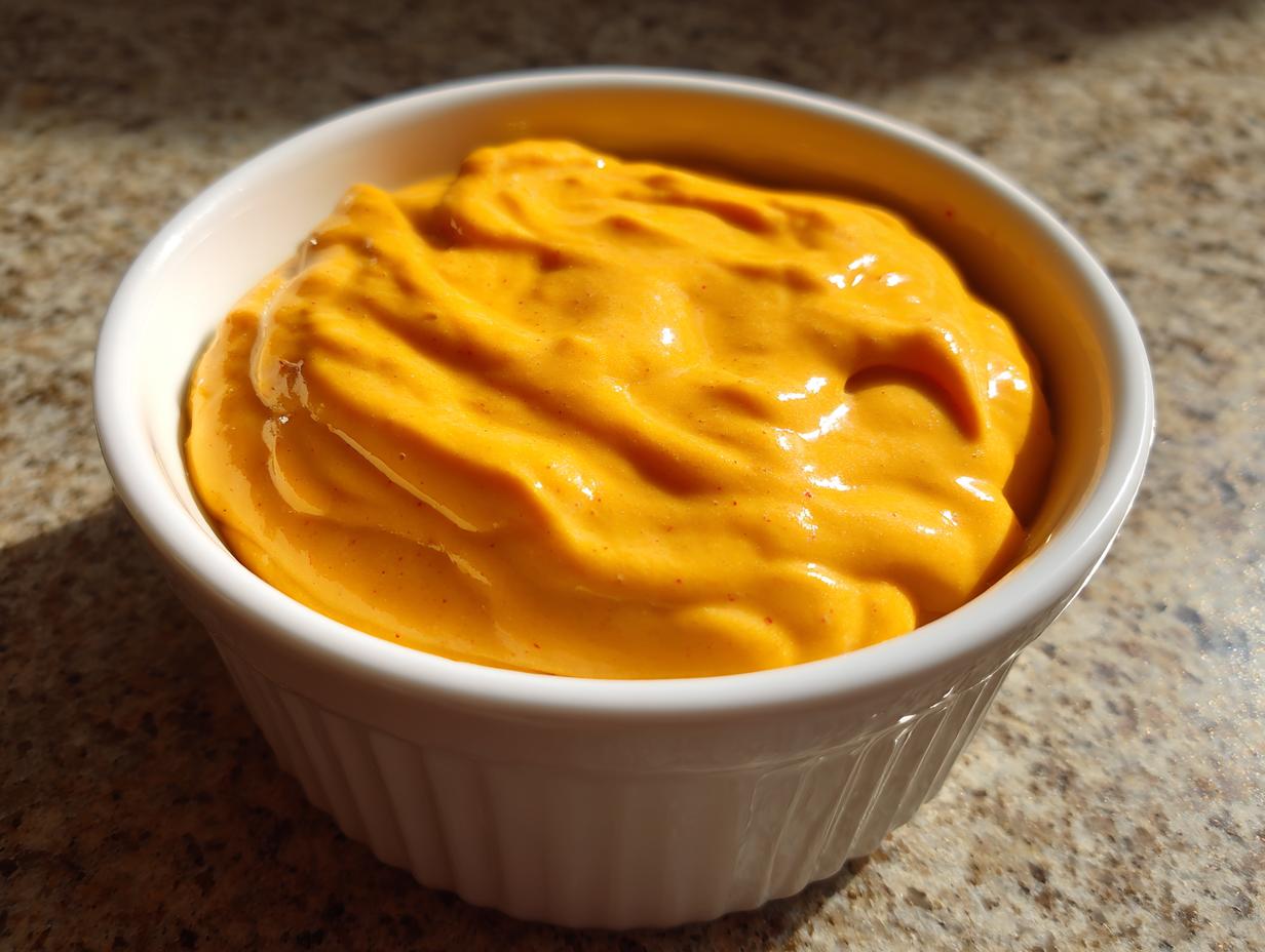 Close-up of thick, vibrant orange nacho cheese sauce swirled in a small white dipping bowl.
