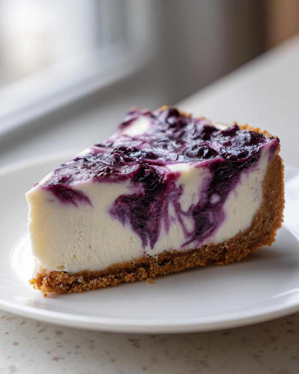 A perfect slice of creamy no-bake blueberry cheesecake with a graham cracker crust on a white plate.