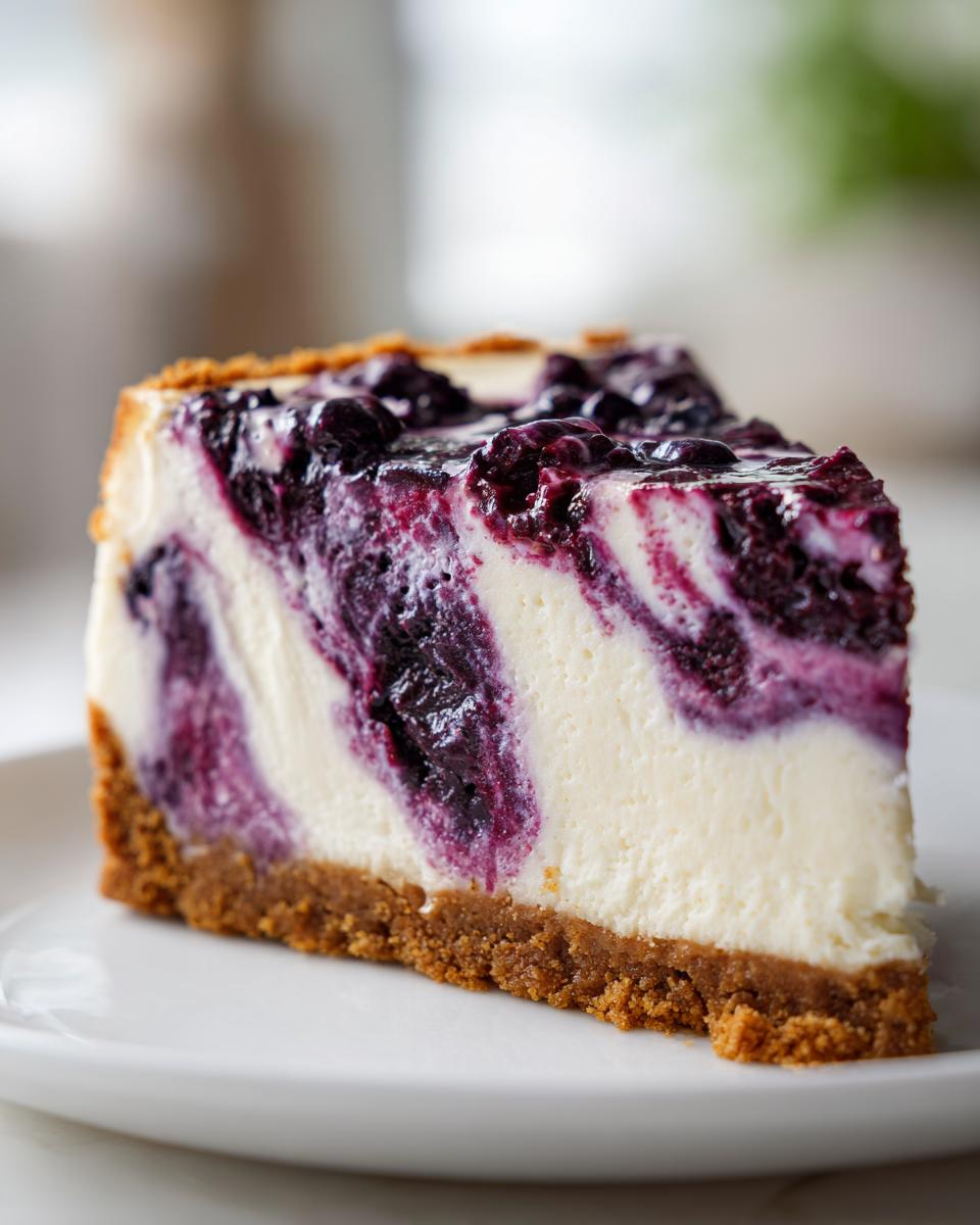 Close-up of a perfectly sliced blueberry cheesecake showing a graham cracker crust and creamy filling swirled with blueberry topping.