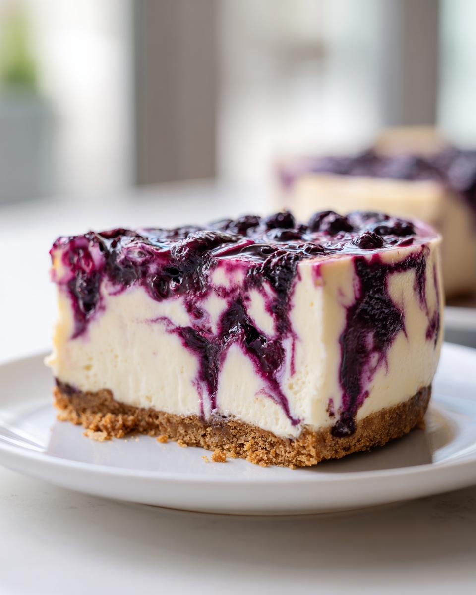 A close-up shot of a thick slice of creamy no-bake blueberry cheesecake with a graham cracker crust.