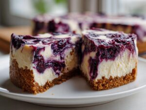Two slices of creamy no-bake blueberry cheesecake showing a thick graham cracker crust and rich blueberry swirl.