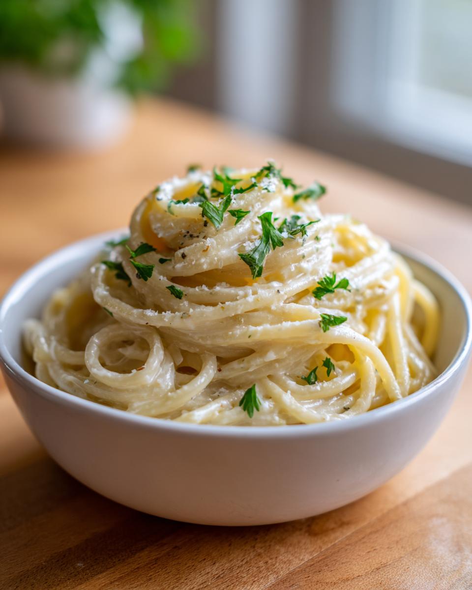 A close-up of creamy parmesan pasta tossed in a white bowl, topped with grated cheese and fresh parsley.