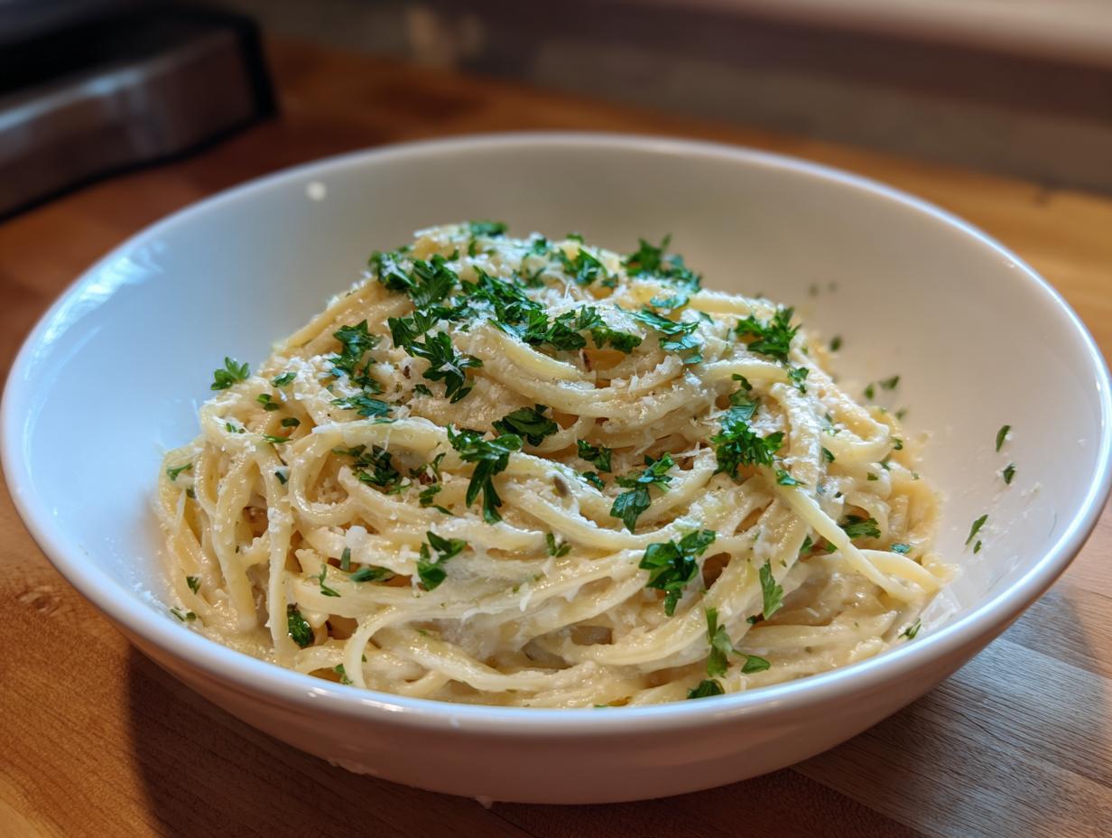 A close-up of creamy parmesan pasta tossed with sauce, topped generously with grated cheese and fresh chopped parsley.