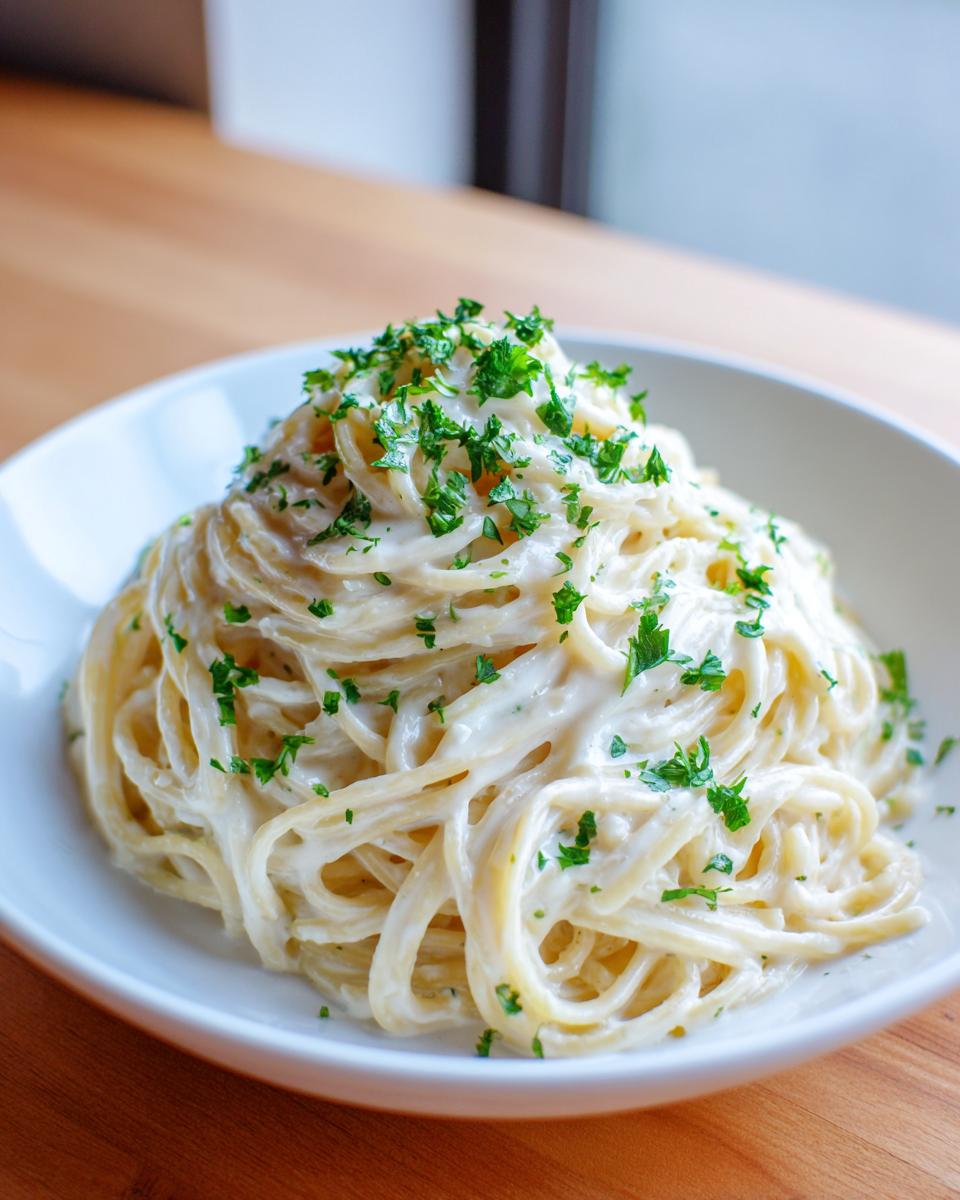 A close-up of a generous serving of creamy parmesan pasta, garnished with fresh chopped parsley.