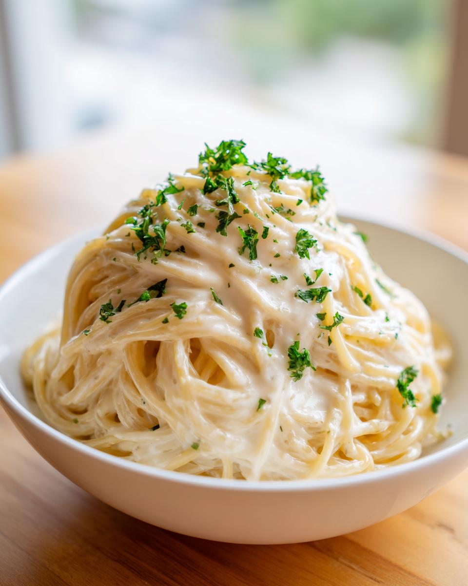 A close-up of a generous serving of creamy parmesan pasta topped with fresh chopped parsley in a white bowl.