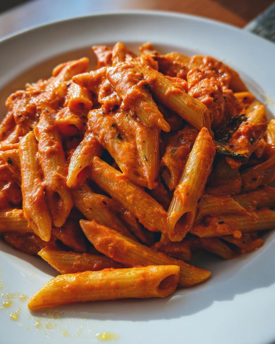 Close-up of penne pasta coated in a rich, creamy tomato basil pasta sauce served on a white plate.