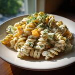 Close-up of creamy pickle pasta salad made with rotini pasta, dill, and chunks of yellow pickle, served on a light plate.