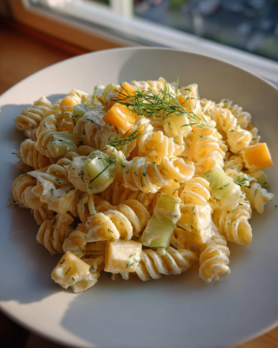 A close-up of creamy pickle pasta salad made with rotini pasta, chunks of pickle, and fresh dill.